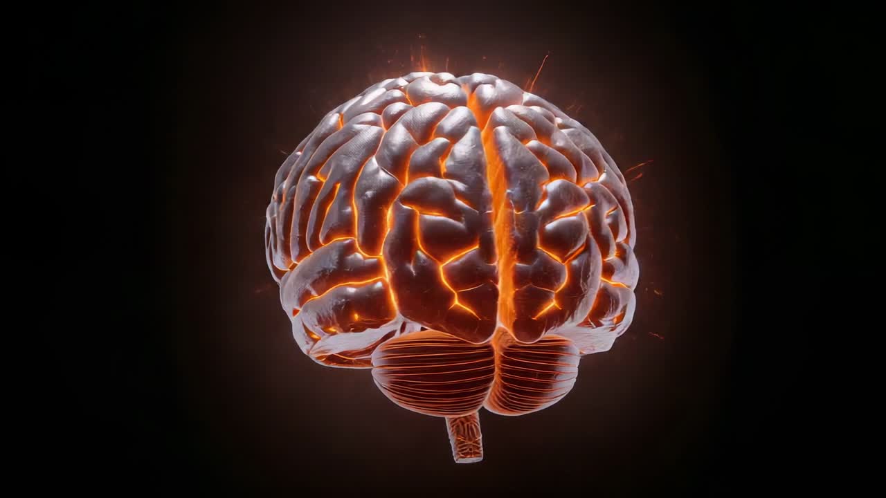 Rotating 3D brain revealing glowing sulci, cerebellum, brainstem in dark studio, animation starting