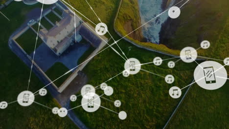 animación de la red de dispositivos conectados e íconos musicales sobre el paisaje aéreo