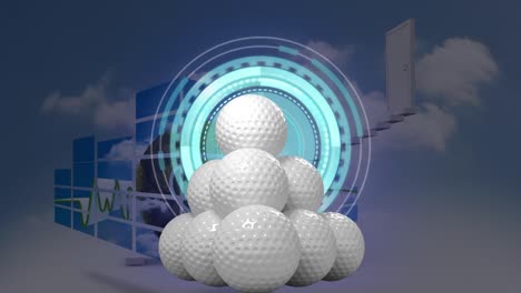 Animation-of-golf-balls-over-scope-scanning-and-clouds