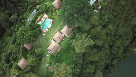 Aerial-View-Of-Ndali-Lodge-Luxury-Accommodation-In-Kibale-National-Park-Near-Fort-Portal,-Uganda,-Africa