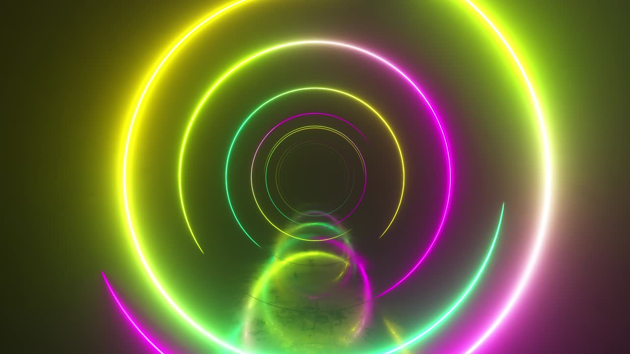 vuelo infinito dentro del túnel, luz de neón fondo abstracto, arcade redondo, portal, anillos, círculos, realidad virtual, espectro de luz moderno, espectáculo de láser. bucle sin costuras 3d render