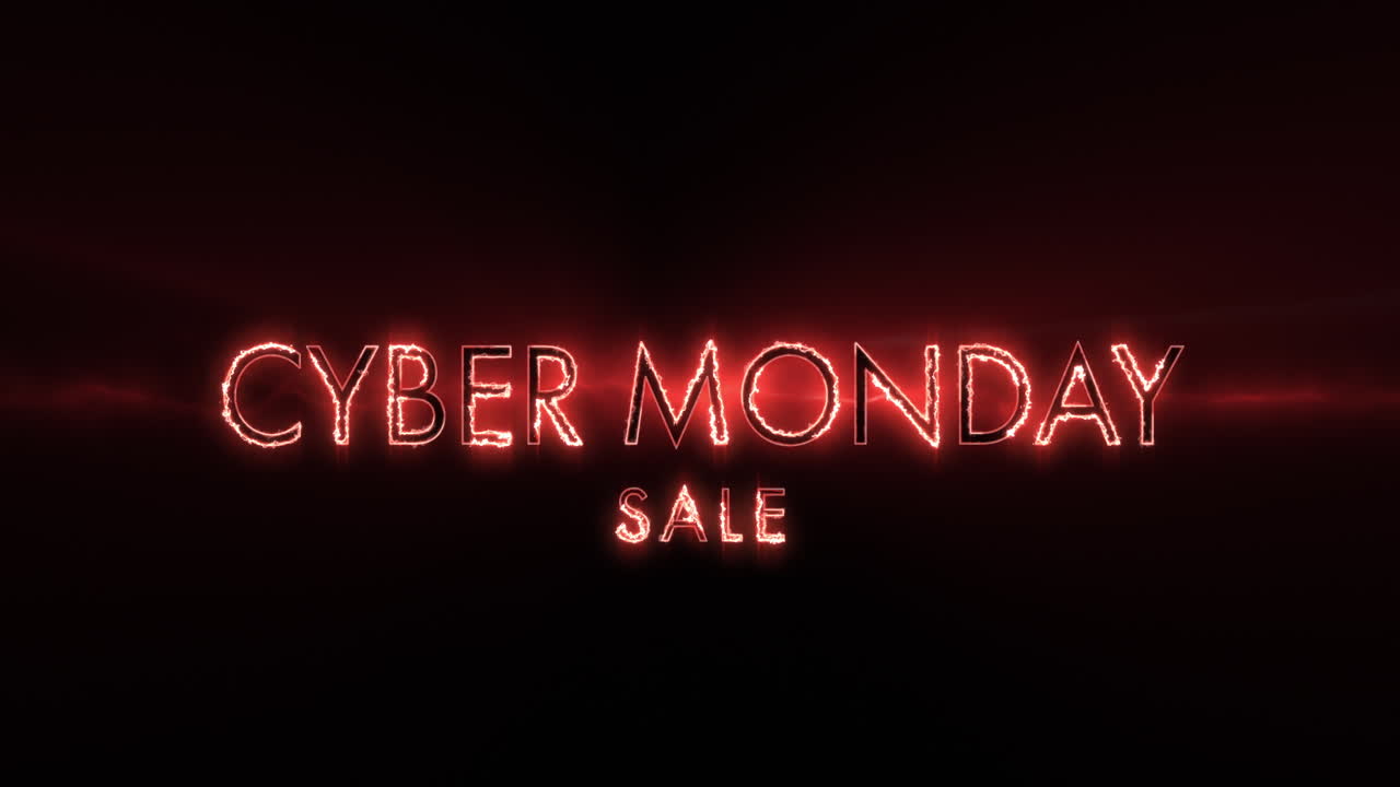 texto de venta de neon cyber monday que aparece contra una pantalla negra 4k