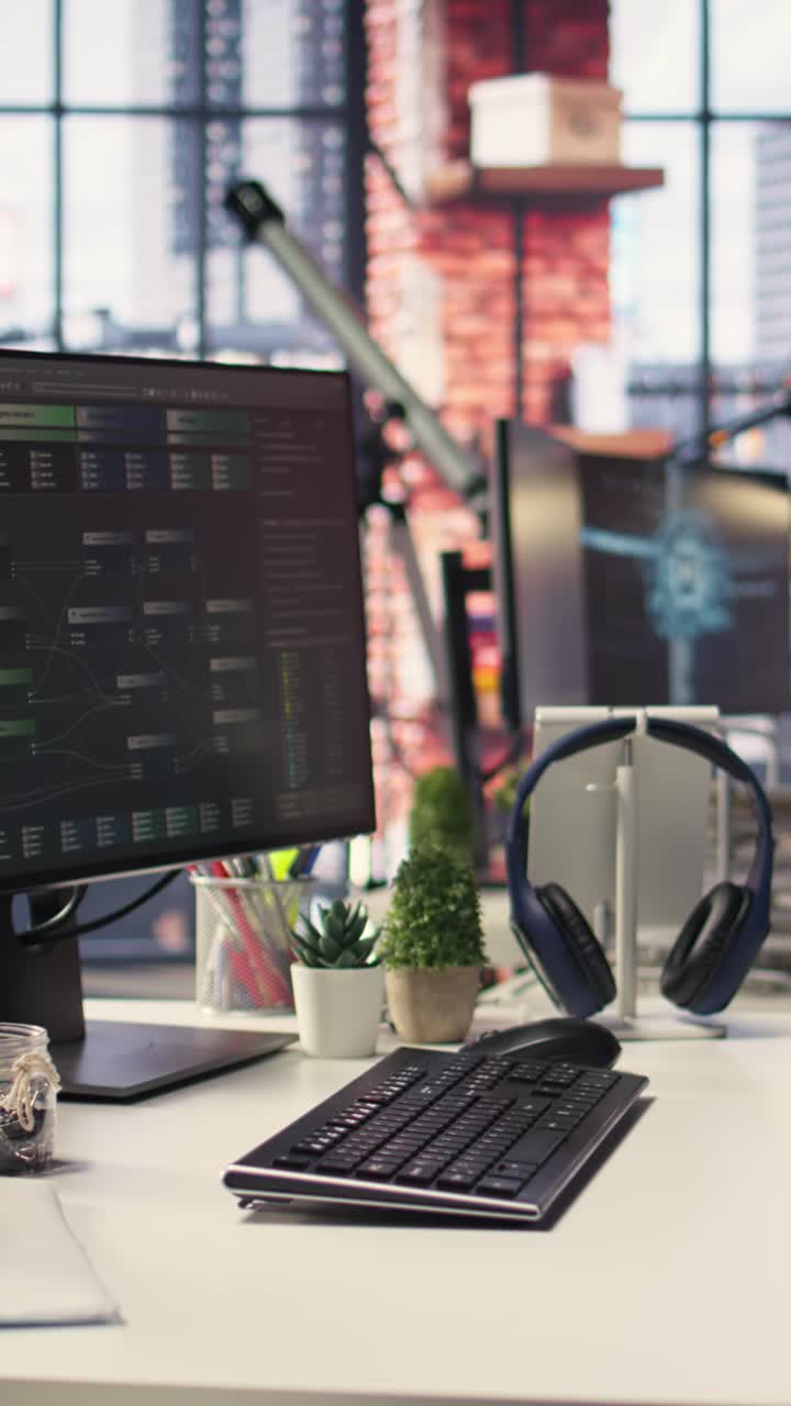 Vertical Video Administrative workspace in an empty IT agency with visual coding
