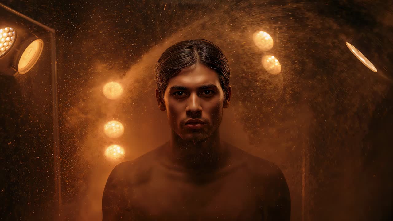 Posing shirtless model facing camera while fog machine emitting mist in studio bulbs lighting shot
