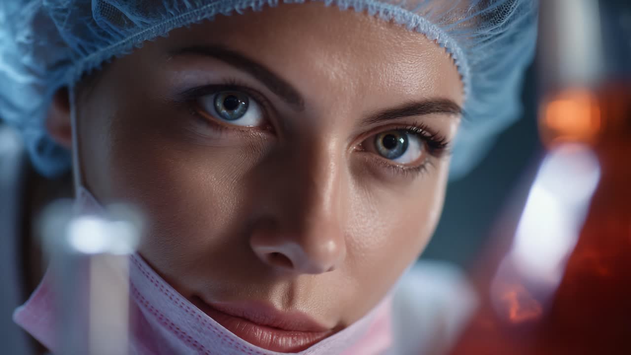 Detailní záběr vědce v laboratoři, který se soustředí na experimenty se sklem a červenou tekutinou, zdůrazňující přesnost a odhodlání ve vědě