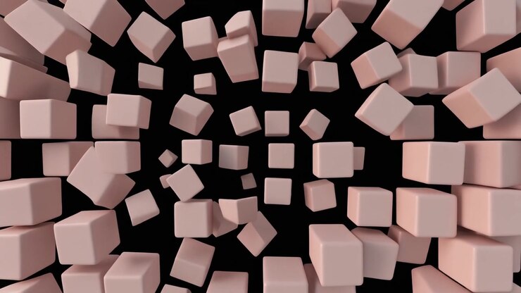 Abstrakt animation af lyserøde terninger, der spredes ud i sort rum