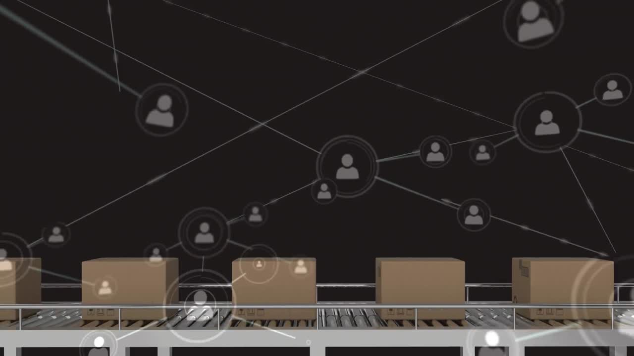 컨베이어 벨트에 있는 상자 위의 연결 네트워크의 애니메이션
