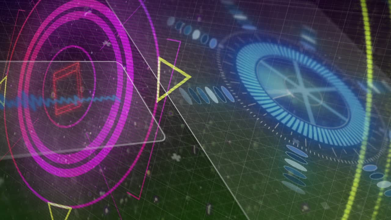 Left ring cluster appearing triggers rings rotating, cycling, beam emitting, dial settling for data