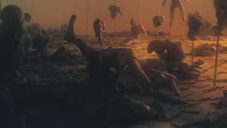 destroyed andorids on a junkyard in yellow light
