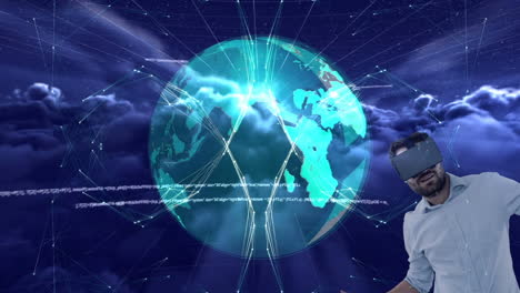 caucasian man wearing vr headset over spinning globe and data processing against dark clouds