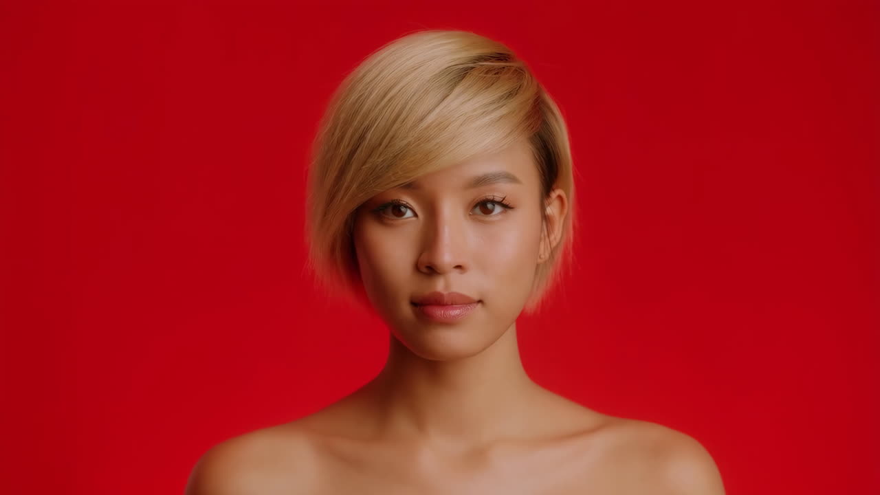 Portrait of an Asian Woman with Blonde Short Hair on Red Background
