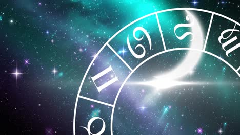 digital animation of moon and spiral symbols of the zodiac signs in space