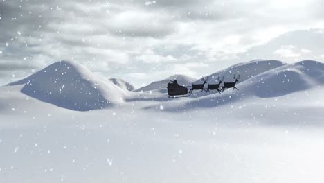 Animación-De-Santa-Claus-En-Trineo-Con-Renos-Pasando-Sobre-Paisajes-Nevados-De-Invierno