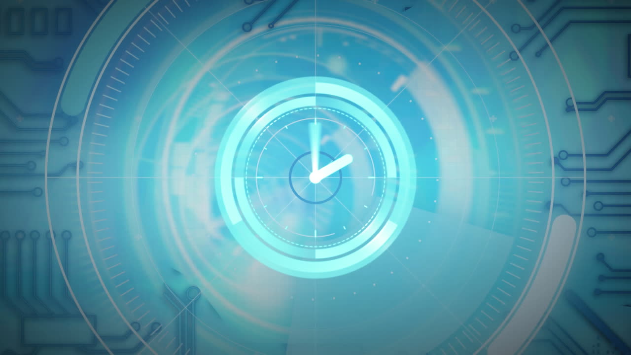 Animation of clock, scope scanning and data processing over circuit board