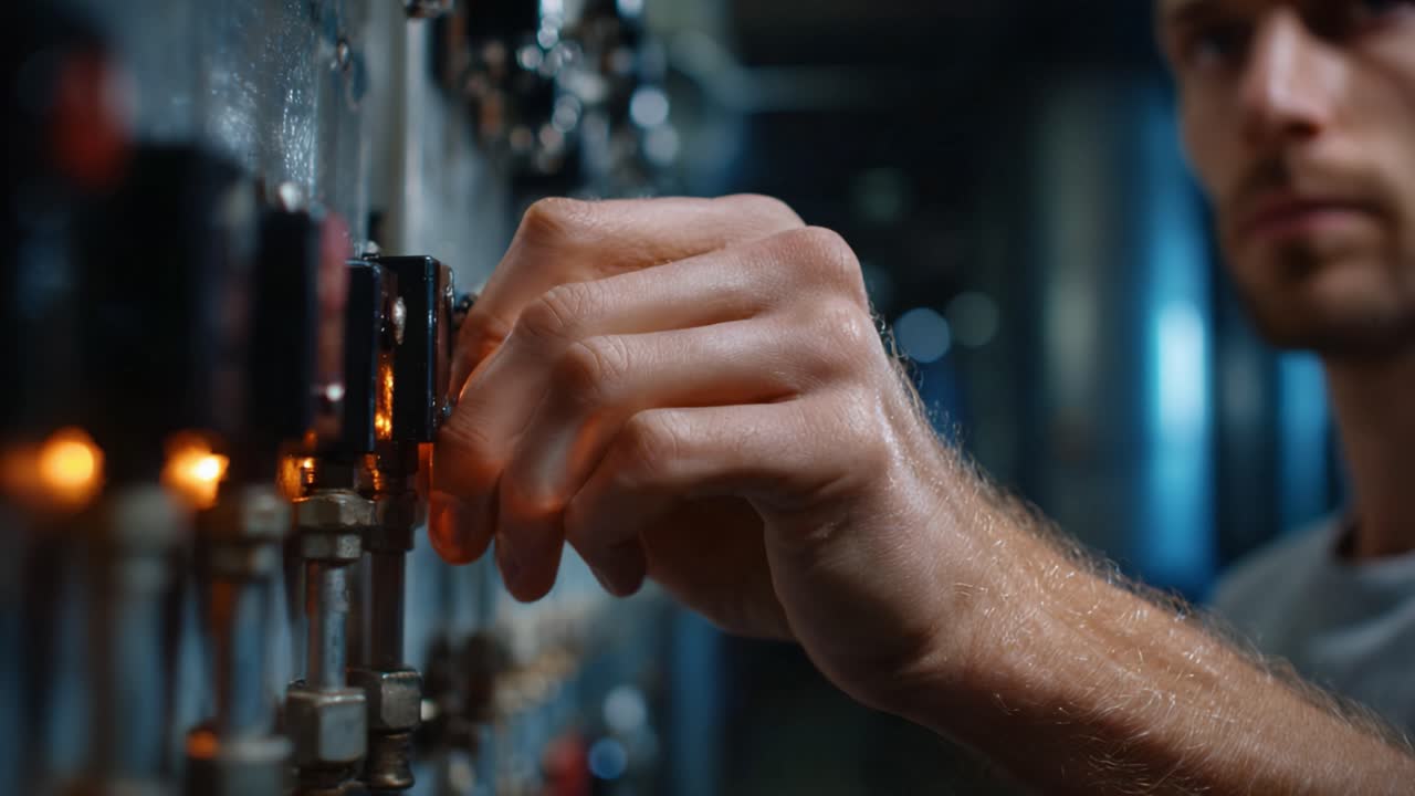 A technician expertly operates complex machinery by adjusting control switches and panels, showcasing precision and focus in an industrial environment