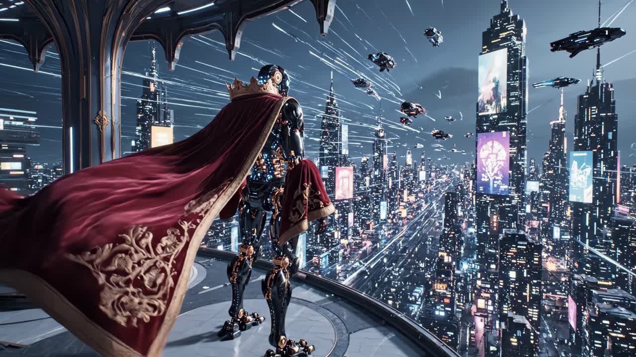 Futuristic Robot King Overlooking a Sci-Fi Cityscape