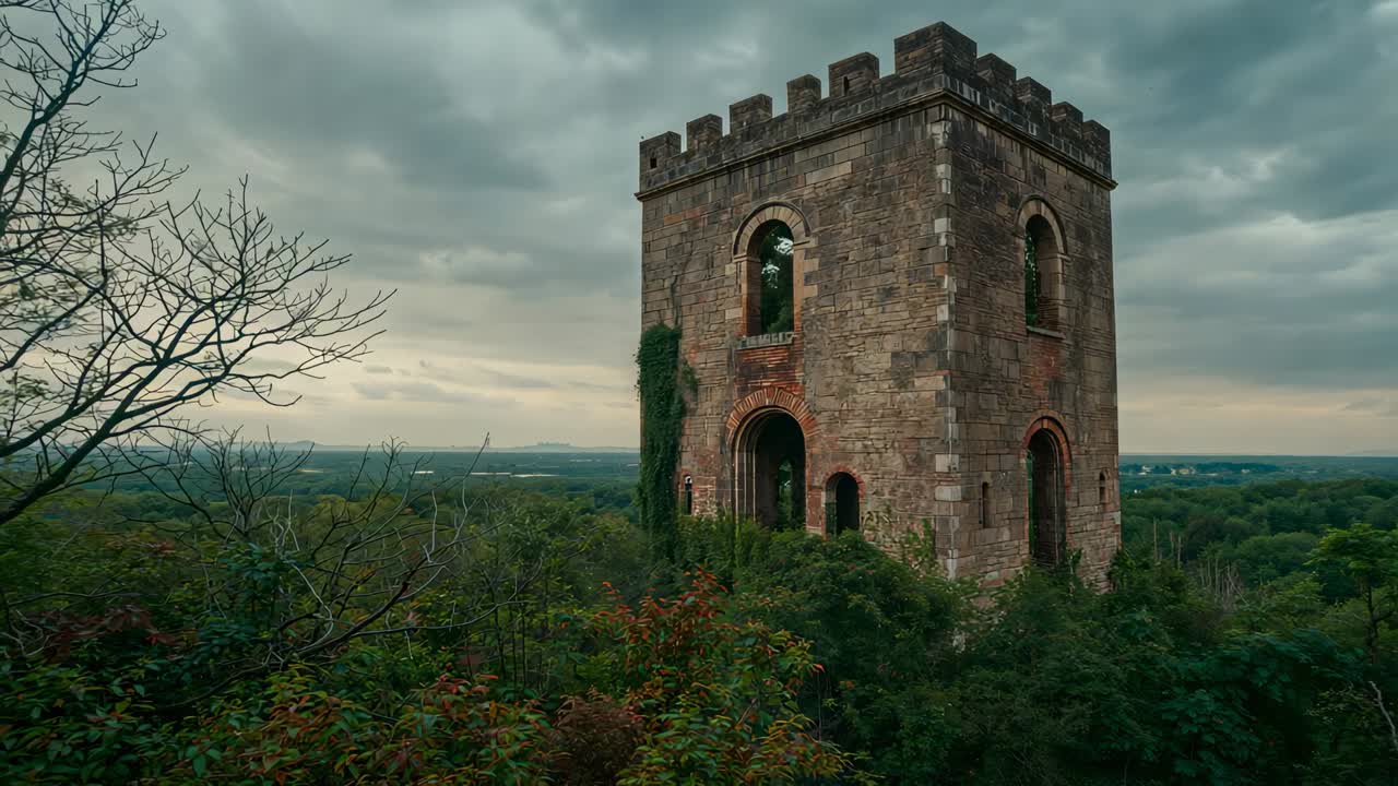 Launching drone camera circling stone tower on wooded hill, revealing ivy and arched windows