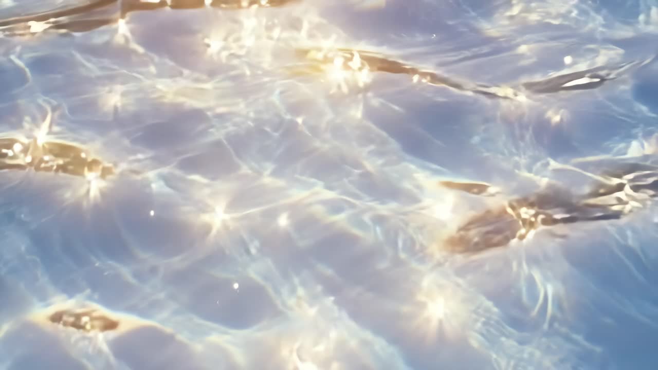 寧靜的影片中，陽光映照在漣漪水面，以俯視角度捕捉。