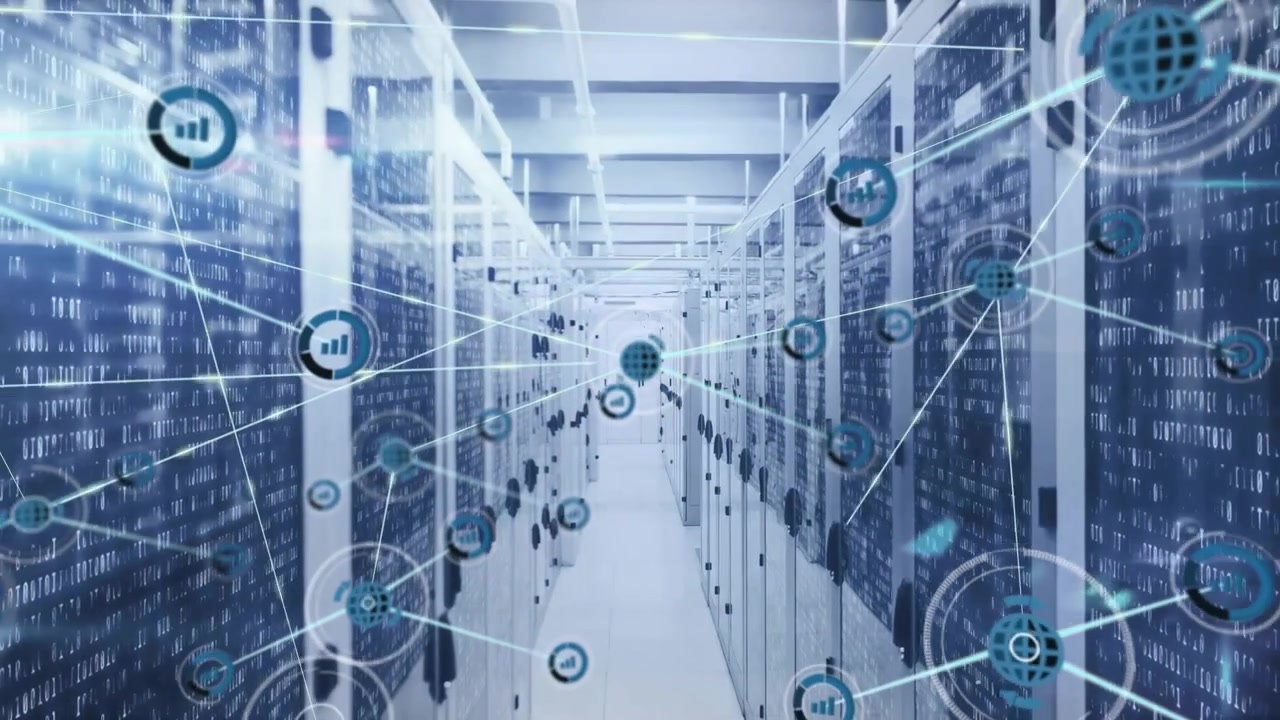 Animation of network of connections with icons and data processing over computer servers