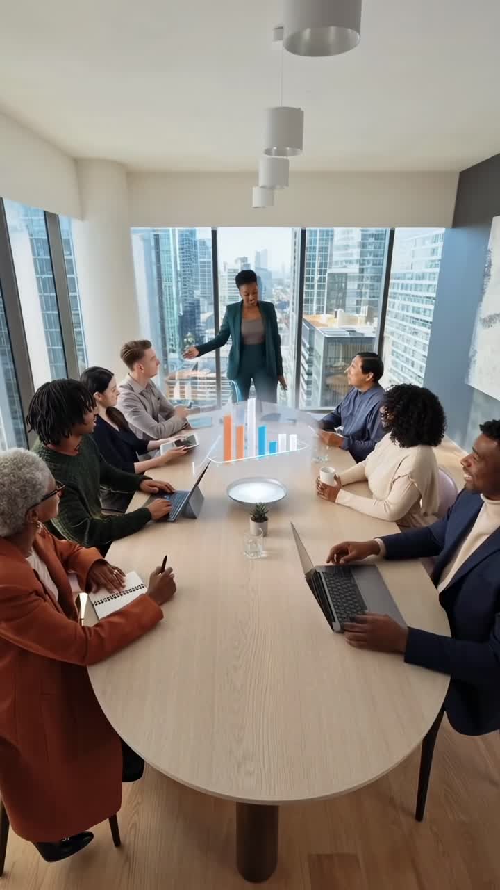 Vista aérea de uma equipe diversificada em um escritório moderno, discutindo gráficos de dados. Estilo de vídeo: corporativo
