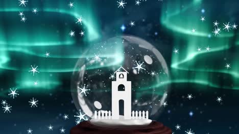 animation of green and blue aurora borealis lights moving over snow globe and snowflakes