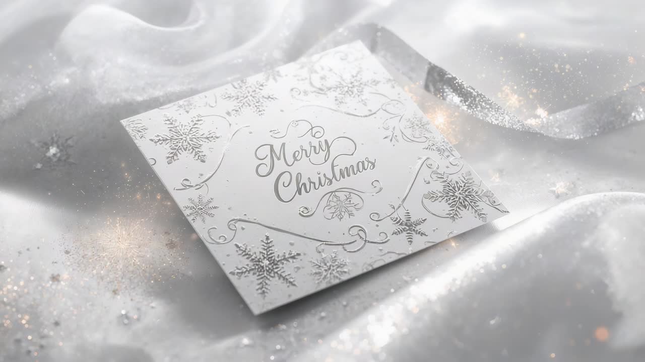 Moving camera zooming toward greeting card on satin, showing Merry Christmas text and snowflakes