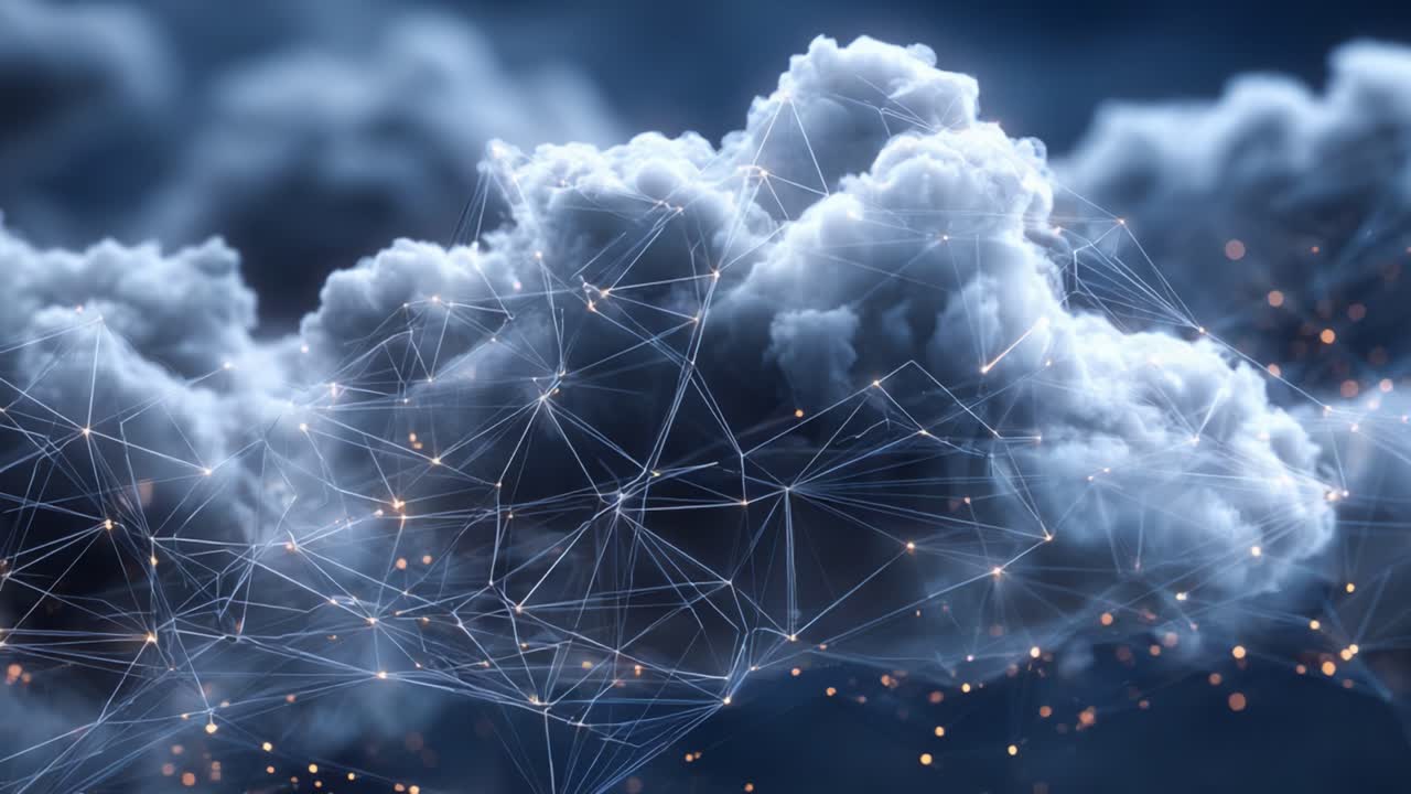 A Stunning Visualization of Clouds Intertwined with Illuminated Connections, Representing the Fusion of Nature and Technology in a Beautiful Digital Landscape