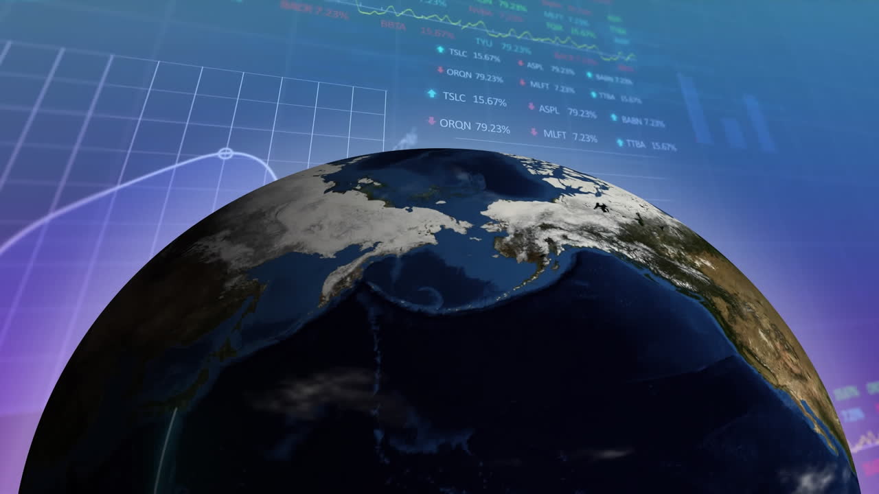 Animation of spinning globe over statistical and stock market data processing on gradient background