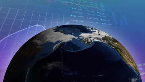 animación del globo giratorio sobre el procesamiento de datos estadísticos y del mercado de valores en un fondo de gradiente