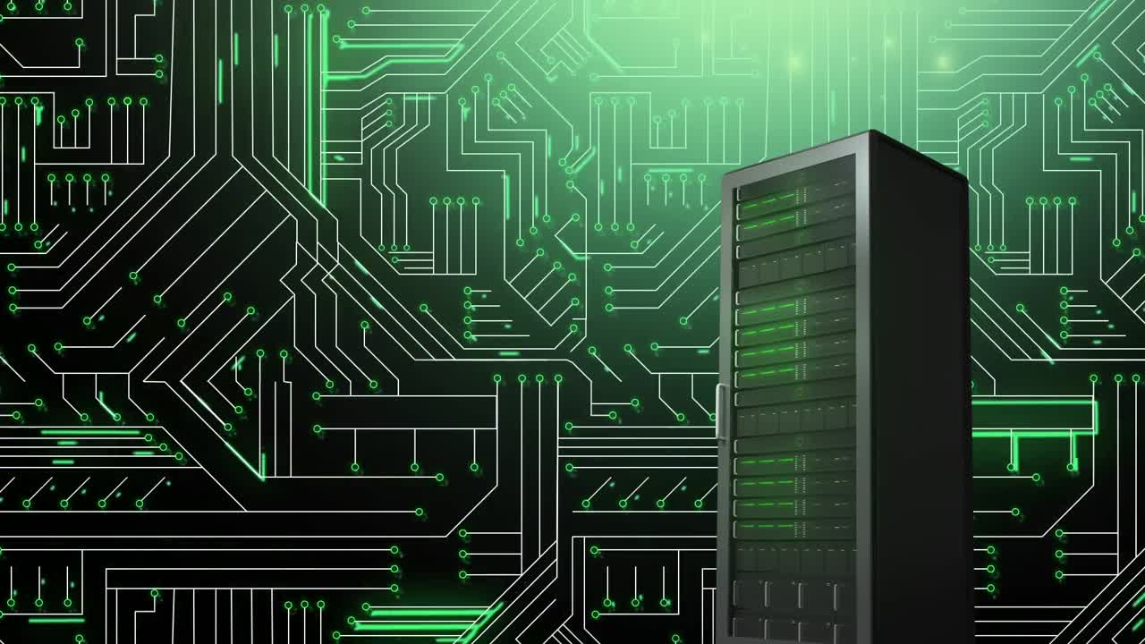 Mainframe computer and glowing green circuit board