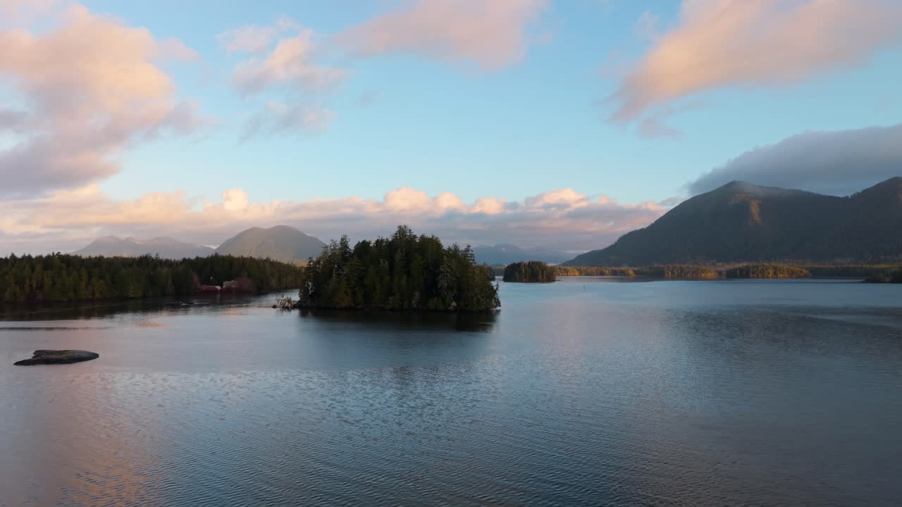 tomada de drone de tofino en la isla de vancouver que muestra colores de otoño, costa escarpada y olas del océano en una vista aérea panorámica.