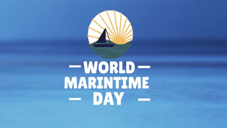 animation of world maritime day text and sail with sun on water background