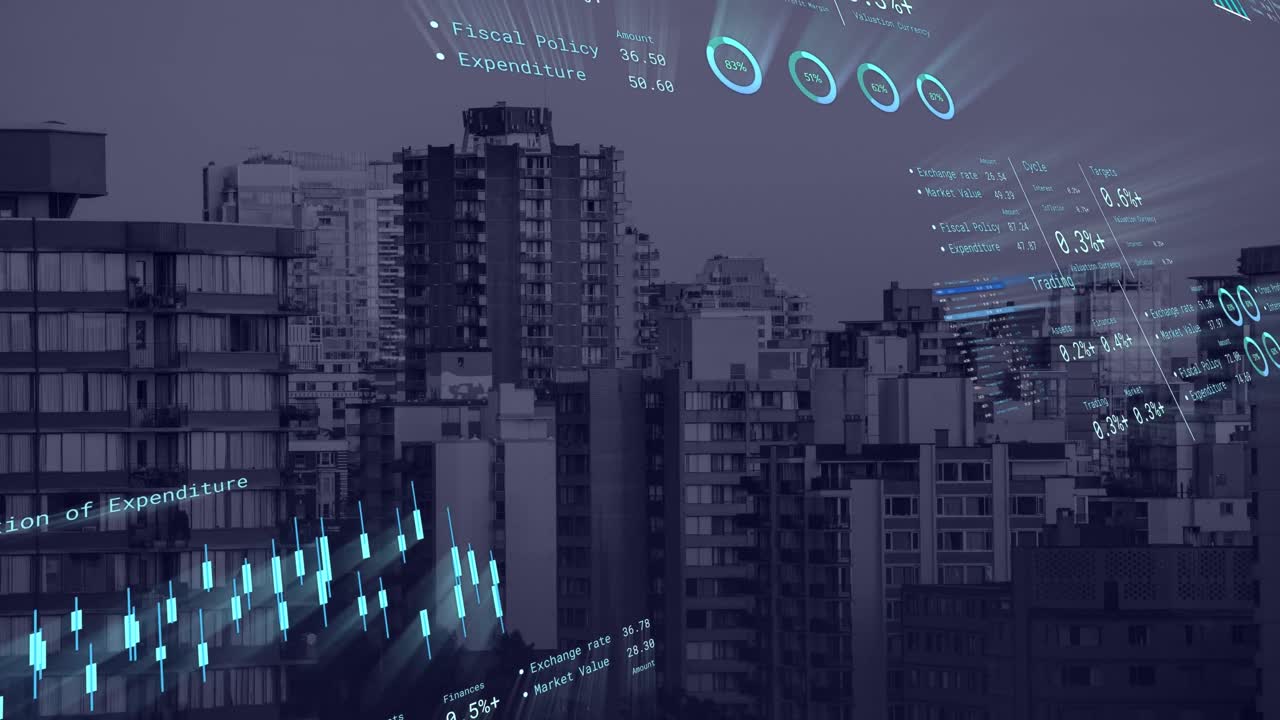 Animation of financial data processing over cityscape