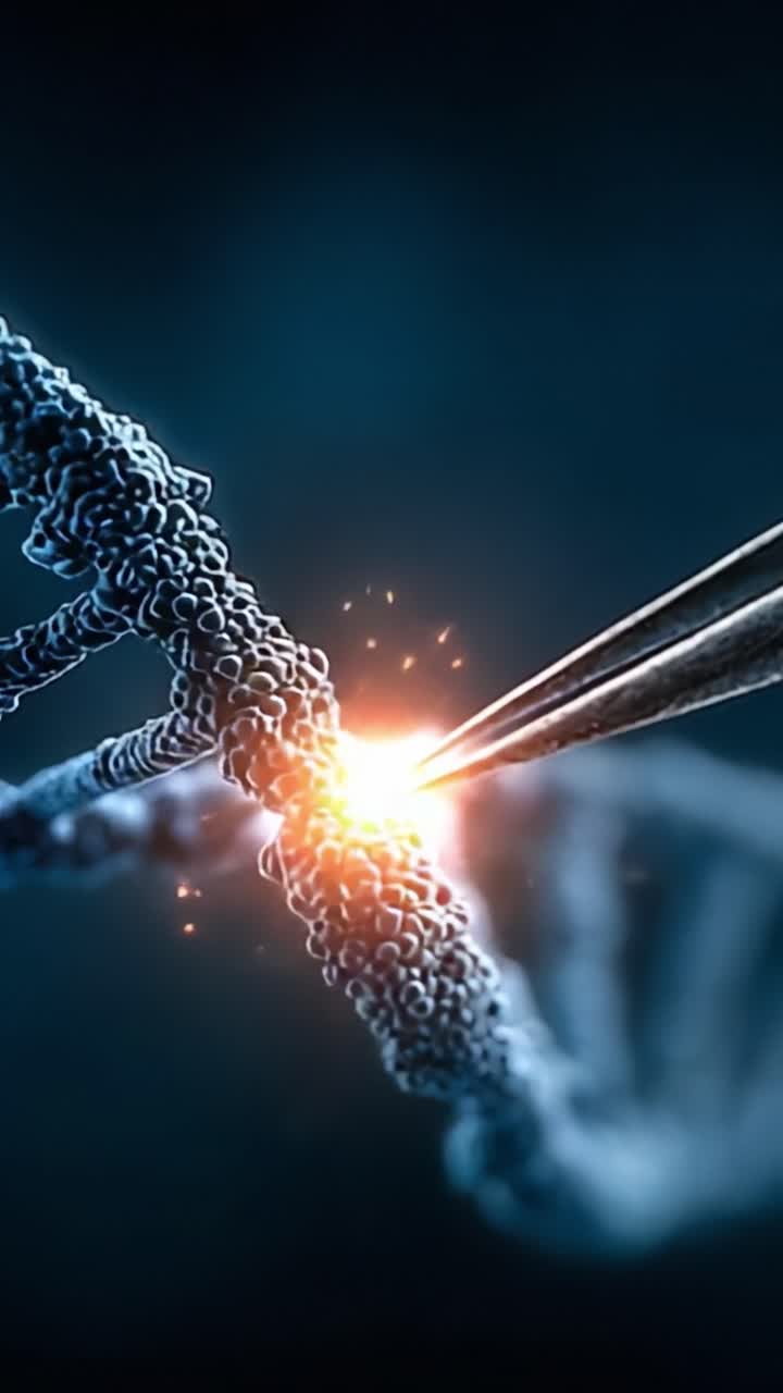 Manipolazione genetica avanzata: strumenti di precisione che interagiscono con l'elica del DNA per illustrare le moderne innovazioni biotecnologiche e le tecniche di ingegneria genetica