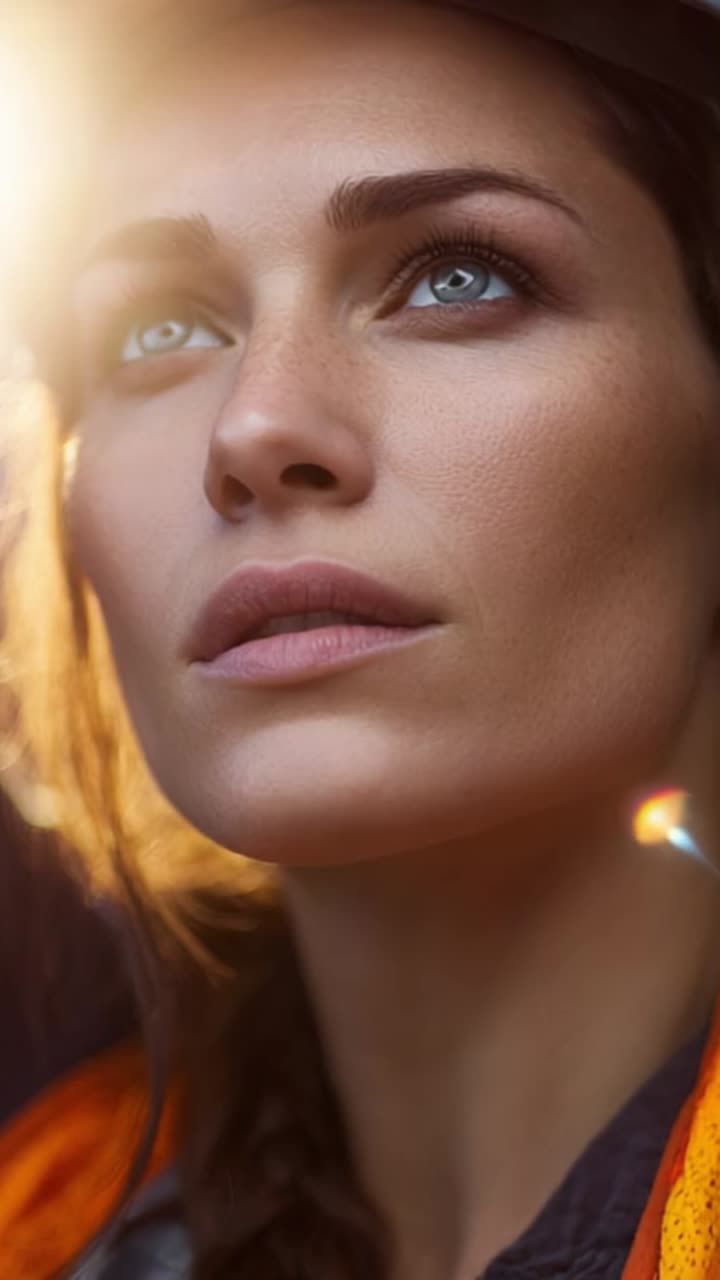 Captivating Portrait of a Young Woman with Striking Blue Eyes and Natural Beauty, Illuminated by Warm Light, Exuding Strength and Determination in a Professional Setting