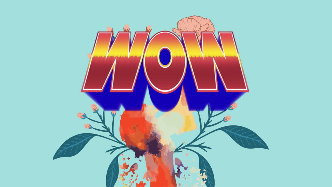 파란색 배경에 꽃 위에 빨간 글자로 와우 텍스트의 애니메이션