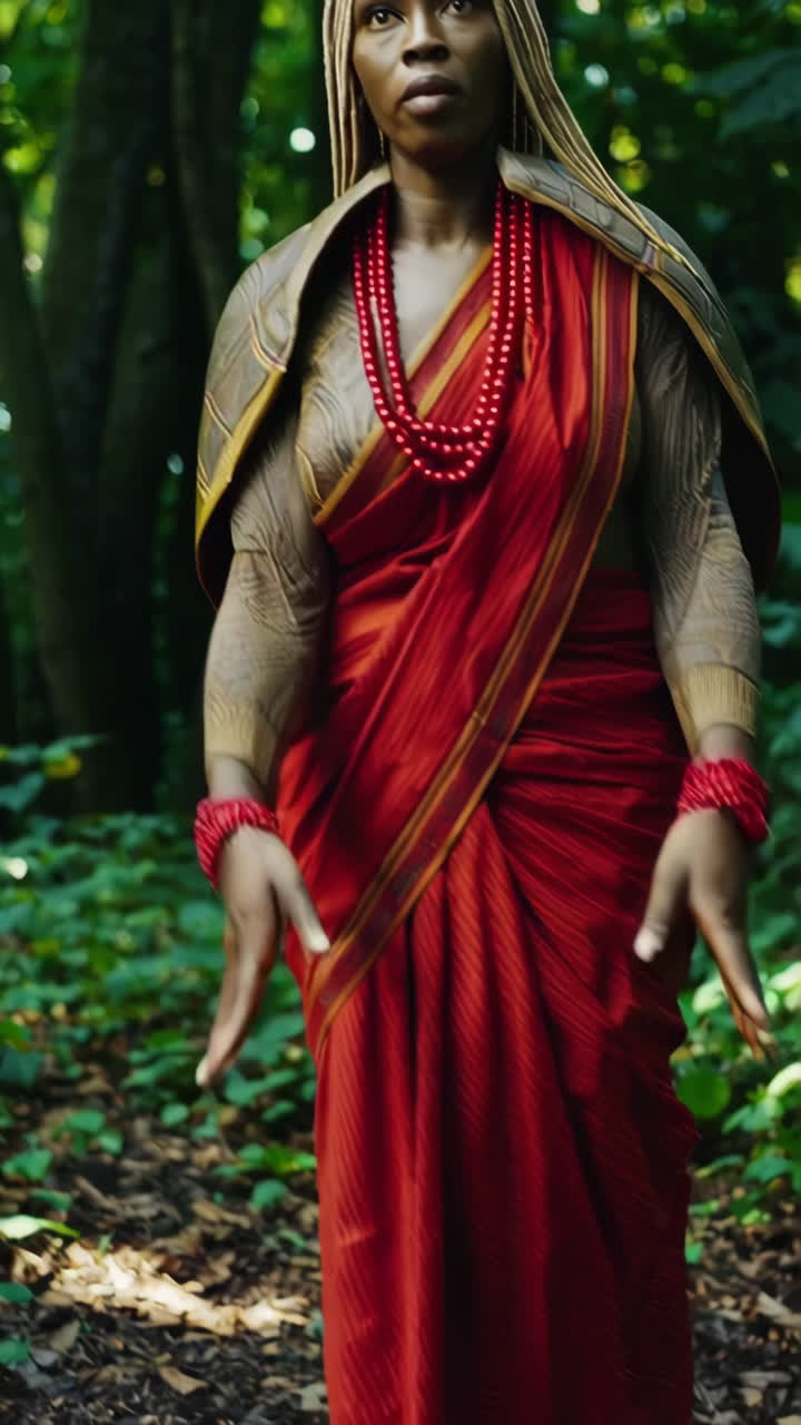 mujer del bosque mítica en sari rojo