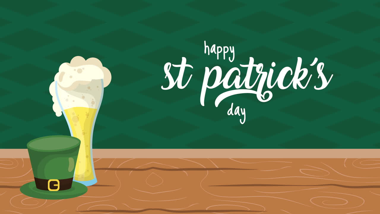 tarjeta animada del día de san patricio con cerveza y sombrero de elfo