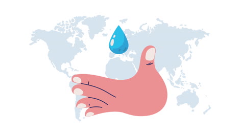 hand holding a water drop over a world map