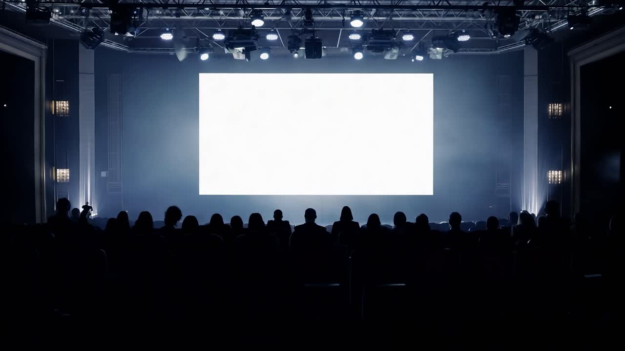 관객들은 어두운 극장에서 밝고 은 화면을 보고, 기대의 분위기를 만니다.