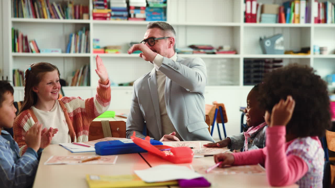 Teacher interacting with students in a diverse classroom setting