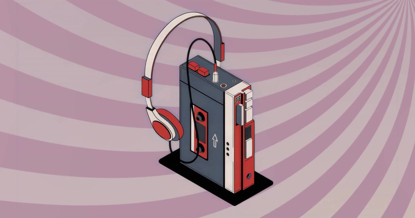 Animazione che inizia mostrando un lettore di cassette retrò e cuffie su una spirale rosa-lavanda per una demo