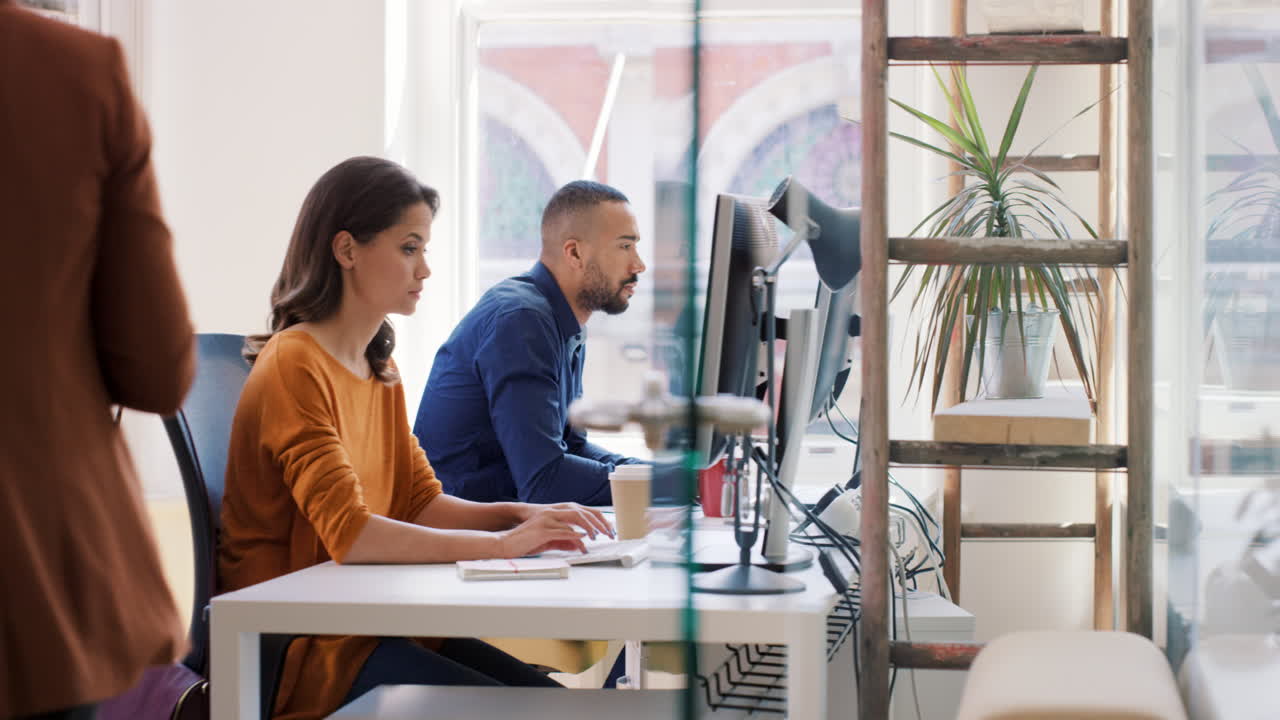 Mixed race team of young business people working in open plan office with diverse group of people showing equality concept