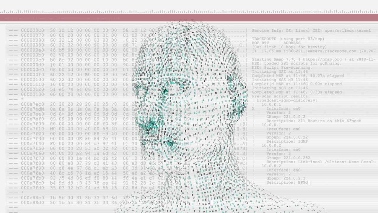 animación de un humano digital sobre el procesamiento de datos sobre un fondo blanco