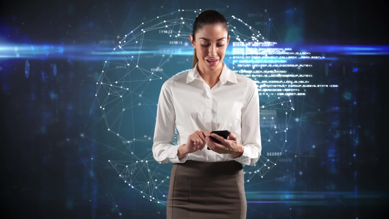 joven hombre de negocios caucásico usando teléfono con fondo de red 3d