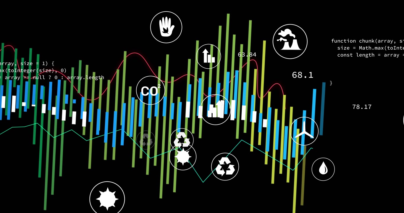 Starting from black screen bars rising and falling icons fading code scrolling showing eco metrics
