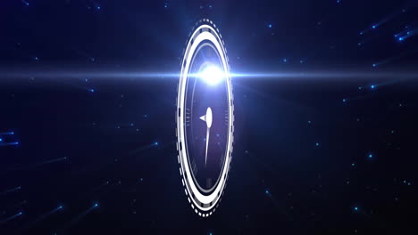 animation of digital clock in loading circles with lens flare moving against black background