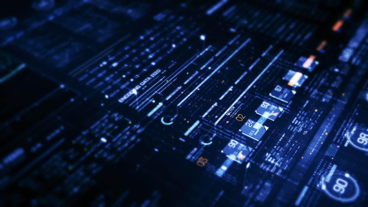 Advance data matrix, telemetry and encrypt numbers simulation user interface display in cyber space abstract de-focus environment background