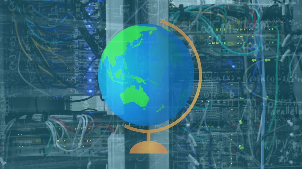 Animation of globe spinning over computer servers