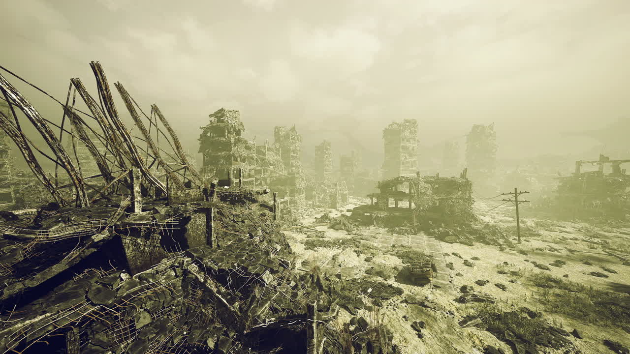 Gloomy twilight reveals fractured structures amidst quiet desolation